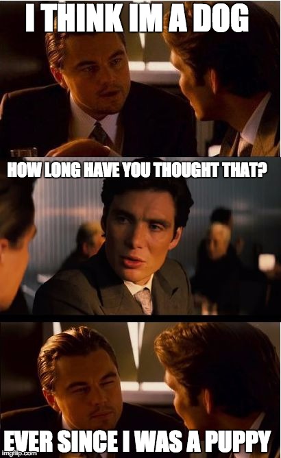 Inception Meme | I THINK IM A DOG; HOW LONG HAVE YOU THOUGHT THAT? EVER SINCE I WAS A PUPPY | image tagged in memes,inception | made w/ Imgflip meme maker