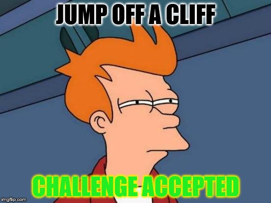 Futurama Fry | JUMP OFF A CLIFF; CHALLENGE ACCEPTED | image tagged in memes,futurama fry | made w/ Imgflip meme maker