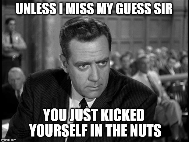 me and my big mouth | UNLESS I MISS MY GUESS SIR; YOU JUST KICKED YOURSELF IN THE NUTS | image tagged in perry mason stare | made w/ Imgflip meme maker