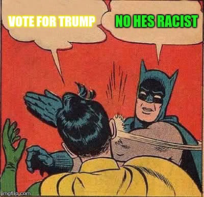 Batman Slapping Robin | VOTE FOR TRUMP; NO HES RACIST | image tagged in memes,batman slapping robin | made w/ Imgflip meme maker