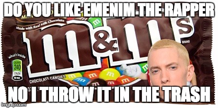 M&M Wrapper | DO YOU LIKE EMENIM THE RAPPER; NO I THROW IT IN THE TRASH | image tagged in mm wrapper | made w/ Imgflip meme maker