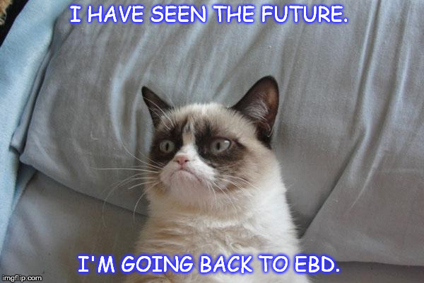 Grumpy Cat Bed | I HAVE SEEN THE FUTURE. I'M GOING BACK TO EBD. | image tagged in memes,grumpy cat bed,grumpy cat | made w/ Imgflip meme maker