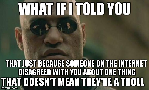 Matrix Morpheus | WHAT IF I TOLD YOU; THAT JUST BECAUSE SOMEONE ON THE INTERNET DISAGREED WITH YOU ABOUT ONE THING; THAT DOESN'T MEAN THEY'RE A TROLL | image tagged in memes,matrix morpheus | made w/ Imgflip meme maker