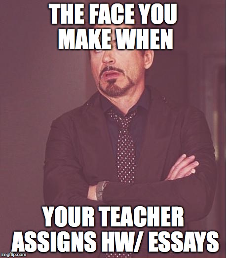 Face You Make Robert Downey Jr | THE FACE YOU MAKE WHEN; YOUR TEACHER ASSIGNS HW/ ESSAYS | image tagged in memes,face you make robert downey jr | made w/ Imgflip meme maker