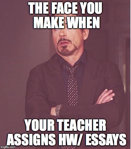 Face You Make Robert Downey Jr Meme | THE FACE YOU MAKE WHEN; YOUR TEACHER ASSIGNS HW/ ESSAYS | image tagged in memes,face you make robert downey jr | made w/ Imgflip meme maker