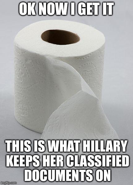 toilet paper | OK NOW I GET IT; THIS IS WHAT HILLARY KEEPS HER CLASSIFIED DOCUMENTS ON | image tagged in toilet paper | made w/ Imgflip meme maker