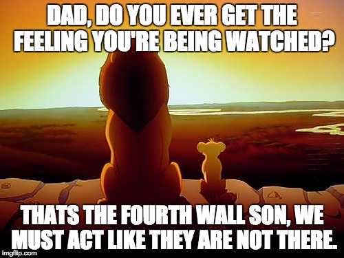Lion King | DAD, DO YOU EVER GET THE FEELING YOU'RE BEING WATCHED? THATS THE FOURTH WALL SON, WE MUST ACT LIKE THEY ARE NOT THERE. | image tagged in memes,lion king | made w/ Imgflip meme maker