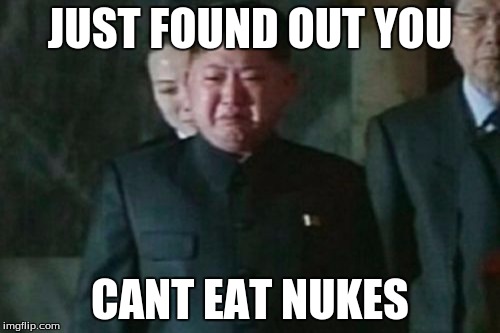Kim Jong Un Sad Meme | JUST FOUND OUT YOU; CANT EAT NUKES | image tagged in memes,kim jong un sad | made w/ Imgflip meme maker