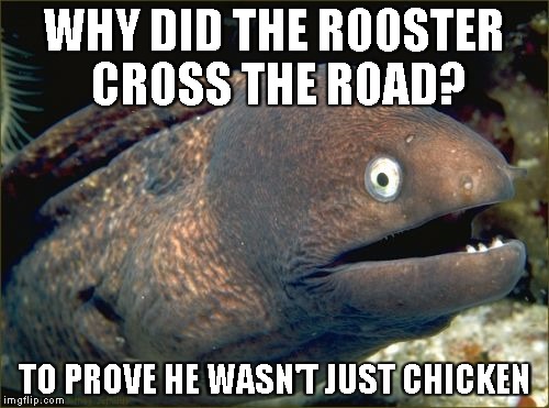 Bad Joke Eel | WHY DID THE ROOSTER CROSS THE ROAD? TO PROVE HE WASN'T JUST CHICKEN | image tagged in memes,bad joke eel | made w/ Imgflip meme maker