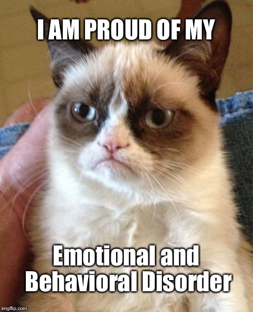 Grumpy Cat Meme | I AM PROUD OF MY Emotional and Behavioral Disorder | image tagged in memes,grumpy cat | made w/ Imgflip meme maker