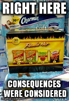consequences were considered | RIGHT HERE; CONSEQUENCES WERE CONSIDERED | image tagged in consequences,flamin' hot,flamin' hot cheetos,diarrhea,toilet paper,charmin toilet paper | made w/ Imgflip meme maker
