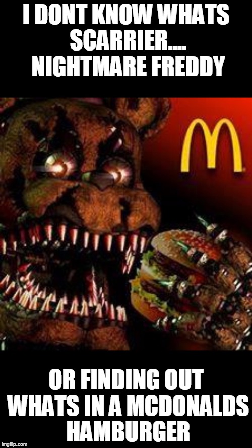FNAF4McDonald's | I DONT KNOW WHATS SCARRIER.... NIGHTMARE FREDDY; OR FINDING OUT WHATS IN A MCDONALDS HAMBURGER | image tagged in fnaf4mcdonald's | made w/ Imgflip meme maker