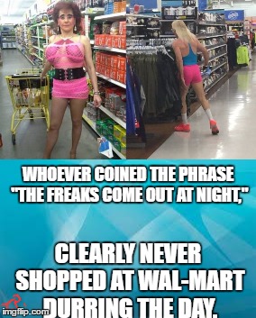 walmart/freaks | WHOEVER COINED THE PHRASE "THE FREAKS COME OUT AT NIGHT,"; CLEARLY NEVER SHOPPED AT WAL-MART DURRING THE DAY. | image tagged in original meme,walmart,funny,funny meme,meme | made w/ Imgflip meme maker
