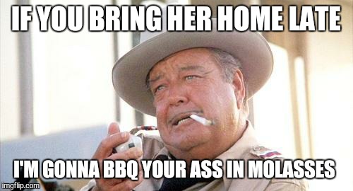 Buford T Justice | IF YOU BRING HER HOME LATE; I'M GONNA BBQ YOUR ASS IN MOLASSES | image tagged in buford t justice | made w/ Imgflip meme maker