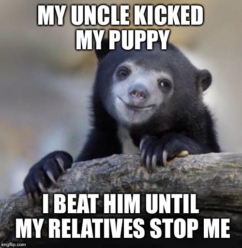 Happy Confession Bear | MY UNCLE KICKED MY PUPPY; I BEAT HIM UNTIL MY RELATIVES STOP ME | image tagged in happy confession bear | made w/ Imgflip meme maker