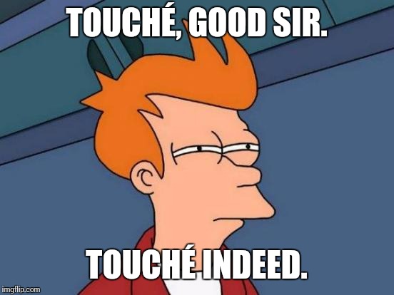 Futurama Fry Meme | TOUCHÉ, GOOD SIR. TOUCHÉ INDEED. | image tagged in memes,futurama fry | made w/ Imgflip meme maker