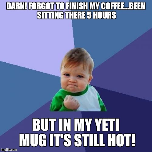 Success Kid | DARN! FORGOT TO FINISH MY COFFEE...BEEN SITTING THERE 5 HOURS; BUT IN MY YETI MUG IT'S STILL HOT! | image tagged in memes,success kid | made w/ Imgflip meme maker