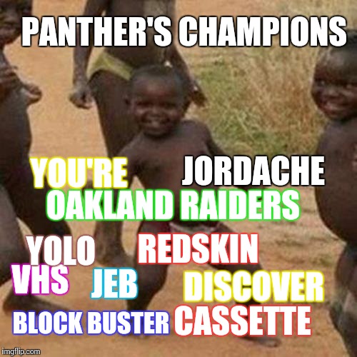 Week ago these kids had a blank meme... Today thanks to you they have the donated words to start their own meme | PANTHER'S CHAMPIONS; JORDACHE; YOU'RE; OAKLAND RAIDERS; REDSKIN; YOLO; VHS; JEB; DISCOVER; CASSETTE; BLOCK BUSTER | image tagged in memes,third world success kid | made w/ Imgflip meme maker