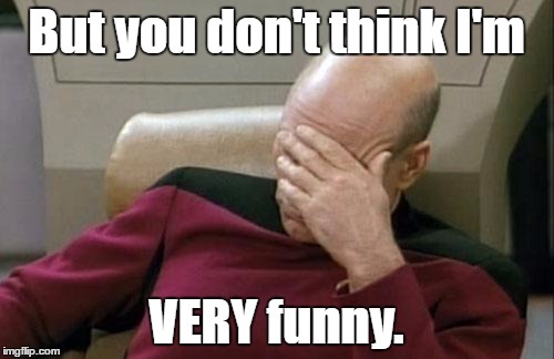 Captain Picard Facepalm Meme | But you don't think I'm VERY funny. | image tagged in memes,captain picard facepalm | made w/ Imgflip meme maker