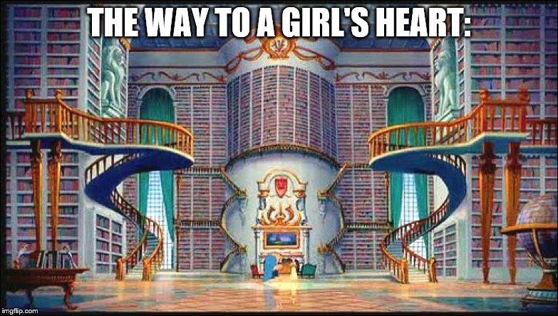 BOOKS! | THE WAY TO A GIRL'S HEART: | image tagged in beautyandthebeast,books,heart | made w/ Imgflip meme maker