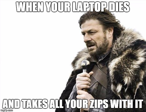 Brace Yourselves X is Coming Meme | WHEN YOUR LAPTOP DIES; AND TAKES ALL YOUR ZIPS WITH IT | image tagged in memes,brace yourselves x is coming | made w/ Imgflip meme maker