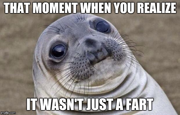 Awkward Moment Sealion Meme | THAT MOMENT WHEN YOU REALIZE; IT WASN'T JUST A FART | image tagged in memes,awkward moment sealion | made w/ Imgflip meme maker