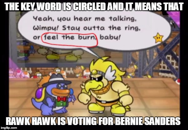 Rawk hawk form paper mario is voting for Bernie sanders because of the word is Circled in Red. | THE KEY WORD IS CIRCLED AND IT MEANS THAT; RAWK HAWK IS VOTING FOR BERNIE SANDERS | image tagged in feel the bern,bernie sanders,bernie or hillary,vote bernie sanders,bernie and hillary | made w/ Imgflip meme maker