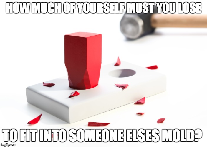 square peg, round hole | HOW MUCH OF YOURSELF MUST YOU LOSE; TO FIT INTO SOMEONE ELSES MOLD? | image tagged in fit,lose pieces of you | made w/ Imgflip meme maker