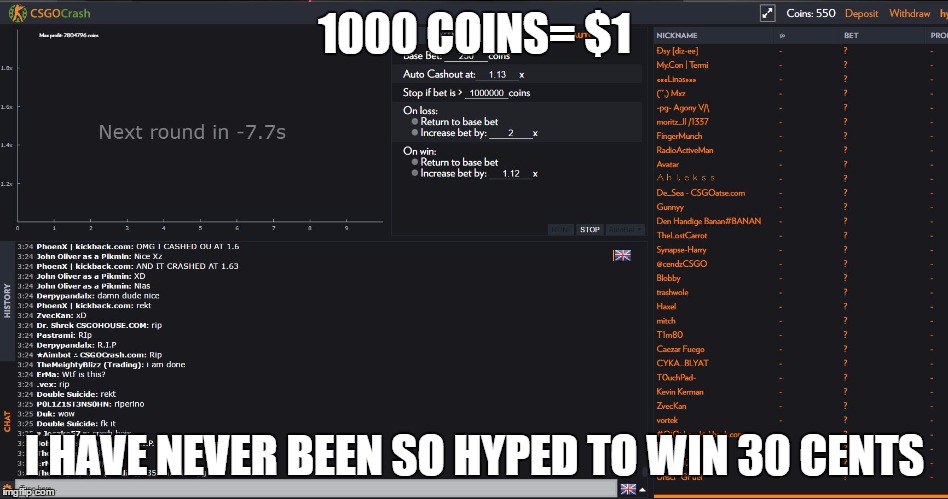 csgocrash gambling idk why | 1000 COINS= $1; I HAVE NEVER BEEN SO HYPED TO WIN 30 CENTS | image tagged in game,csgo,funny,meme,boring tag you will never read,thats a lie you totally just did | made w/ Imgflip meme maker