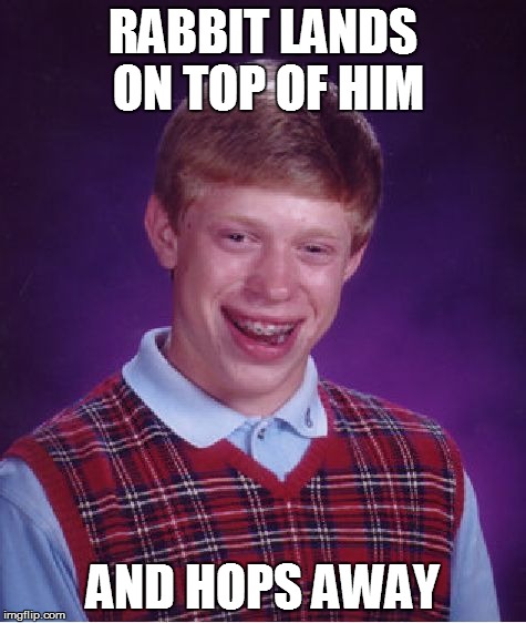 Bad Luck Brian Meme | RABBIT LANDS ON TOP OF HIM AND HOPS AWAY | image tagged in memes,bad luck brian | made w/ Imgflip meme maker