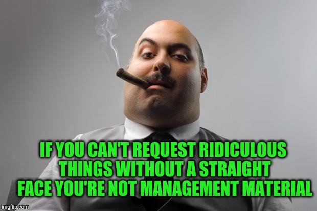 Scumbag Boss Meme | IF YOU CAN'T REQUEST RIDICULOUS THINGS WITHOUT A STRAIGHT FACE YOU'RE NOT MANAGEMENT MATERIAL | image tagged in memes,scumbag boss | made w/ Imgflip meme maker