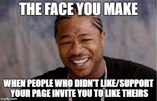 Yo Dawg Heard You Meme | THE FACE YOU MAKE; WHEN PEOPLE WHO DIDN'T LIKE/SUPPORT YOUR PAGE INVITE YOU TO LIKE THEIRS | image tagged in memes,yo dawg heard you | made w/ Imgflip meme maker