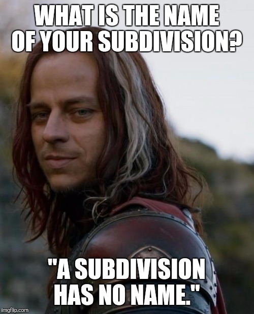 game of thrones | WHAT IS THE NAME OF YOUR SUBDIVISION? "A SUBDIVISION HAS NO NAME." | image tagged in game of thrones | made w/ Imgflip meme maker