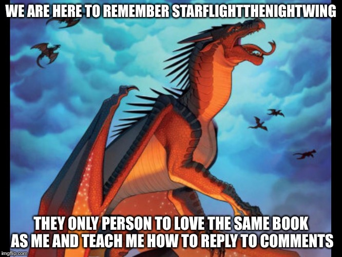 depressed starflight | WE ARE HERE TO REMEMBER STARFLIGHTTHENIGHTWING; THEY ONLY PERSON TO LOVE THE SAME BOOK AS ME AND TEACH ME HOW TO REPLY TO COMMENTS | image tagged in depressed starflight | made w/ Imgflip meme maker
