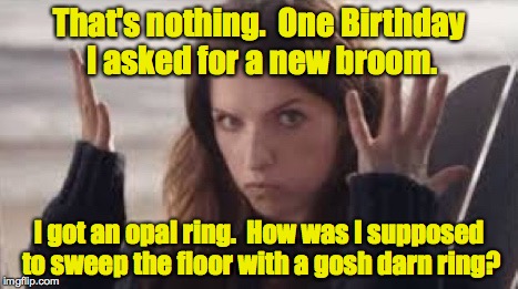 WTF Anna | That's nothing.  One Birthday I asked for a new broom. I got an opal ring.  How was I supposed to sweep the floor with a gosh darn ring? | image tagged in wtf anna | made w/ Imgflip meme maker