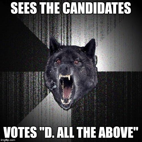 Insanity-Wolf registers to vote... | SEES THE CANDIDATES; VOTES "D. ALL THE ABOVE" | image tagged in memes,insanity wolf,election 2016,voting,bad advice,equi-bean-ium | made w/ Imgflip meme maker