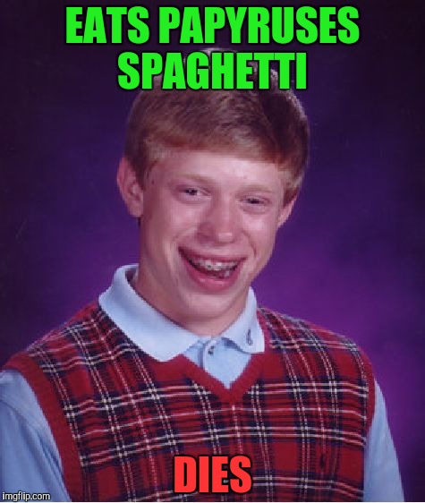 Bad Luck Brian Meme | EATS PAPYRUSES SPAGHETTI; DIES | image tagged in memes,bad luck brian | made w/ Imgflip meme maker