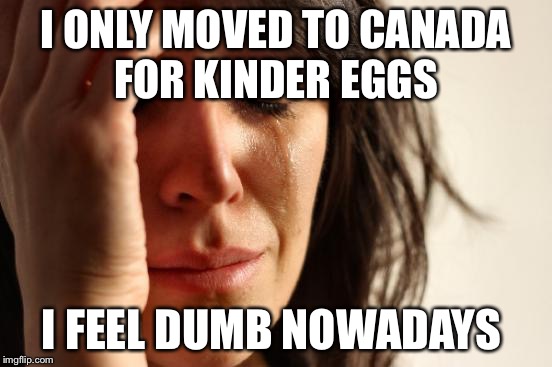 First World Problems Meme | I ONLY MOVED TO CANADA FOR KINDER EGGS I FEEL DUMB NOWADAYS | image tagged in memes,first world problems | made w/ Imgflip meme maker