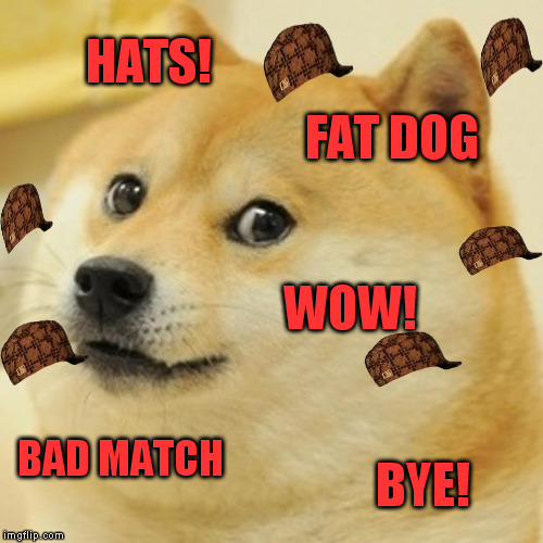TBH, I hate this meme so i killed it with hats. | HATS! FAT DOG; WOW! BAD MATCH; BYE! | image tagged in memes,doge,scumbag | made w/ Imgflip meme maker