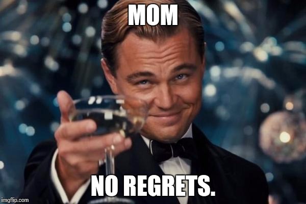 Leonardo Dicaprio Cheers Meme | MOM; NO REGRETS. | image tagged in memes,leonardo dicaprio cheers | made w/ Imgflip meme maker