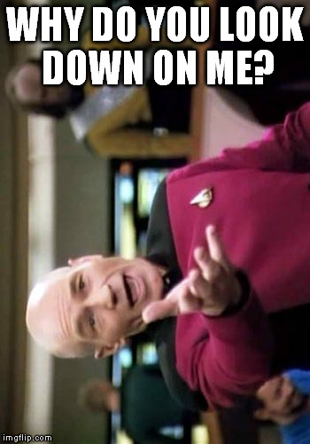 Picard Wtf Meme | WHY DO YOU LOOK DOWN ON ME? | image tagged in memes,picard wtf | made w/ Imgflip meme maker