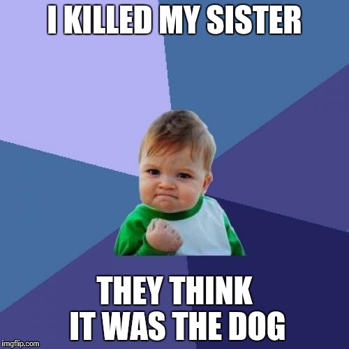 Success Kid | I KILLED MY SISTER; THEY THINK IT WAS THE DOG | image tagged in memes,success kid | made w/ Imgflip meme maker