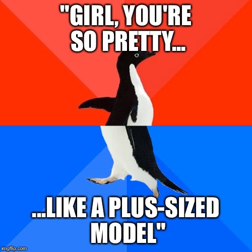 Socially Awesome Awkward Penguin Meme | "GIRL, YOU'RE SO PRETTY... ...LIKE A PLUS-SIZED MODEL" | image tagged in memes,socially awesome awkward penguin,AdviceAnimals | made w/ Imgflip meme maker
