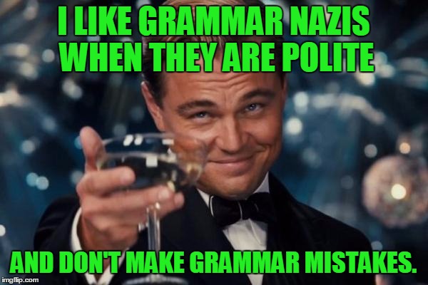 Leonardo Dicaprio Cheers Meme | I LIKE GRAMMAR NAZIS WHEN THEY ARE POLITE AND DON'T MAKE GRAMMAR MISTAKES. | image tagged in memes,leonardo dicaprio cheers | made w/ Imgflip meme maker