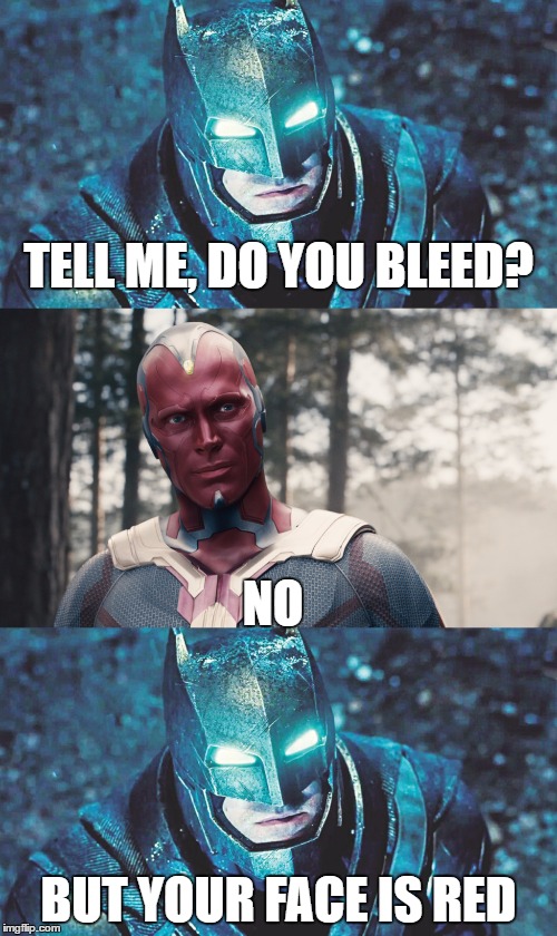 TELL ME, DO YOU BLEED? NO; BUT YOUR FACE IS RED | image tagged in batman v superman,batman,marvel,dc comics,dc,avengers | made w/ Imgflip meme maker