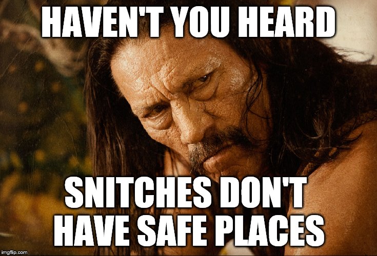 Hey, Frog Face, Machete is looking for your green ass | HAVEN'T YOU HEARD; SNITCHES DON'T HAVE SAFE PLACES | image tagged in machete 101,memes,kermit the frog,snitch,baby godfather,bounty hunter | made w/ Imgflip meme maker