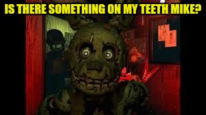fnaf3 | IS THERE SOMETHING ON MY TEETH MIKE? | image tagged in fnaf3 | made w/ Imgflip meme maker