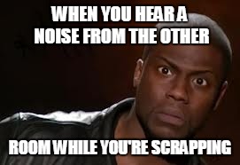 Kevin Hart Meme | WHEN YOU HEAR A NOISE FROM THE OTHER; ROOM WHILE YOU'RE SCRAPPING | image tagged in memes,kevin hart the hell | made w/ Imgflip meme maker