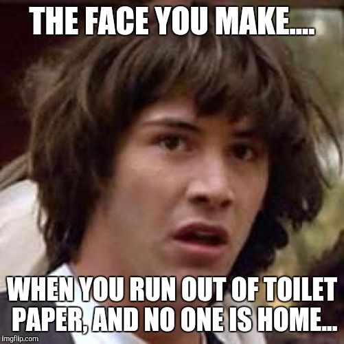 Conspiracy Keanu Meme | THE FACE YOU MAKE.... WHEN YOU RUN OUT OF TOILET PAPER, AND NO ONE IS HOME... | image tagged in memes,conspiracy keanu | made w/ Imgflip meme maker
