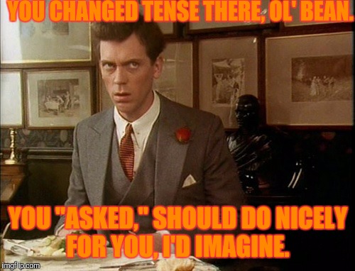 YOU CHANGED TENSE THERE, OL' BEAN. YOU "ASKED," SHOULD DO NICELY FOR YOU, I'D IMAGINE. | made w/ Imgflip meme maker